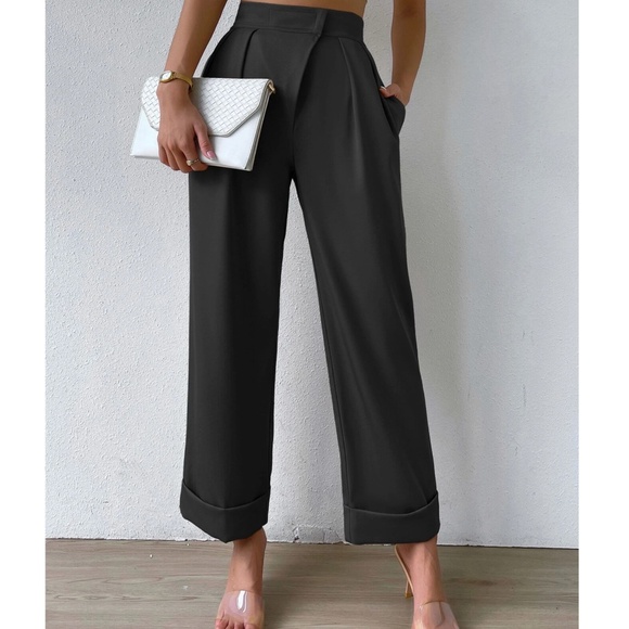 Classic Pleated Cuff Hem High Waisted Trouser Pants - Picture 1 of 5